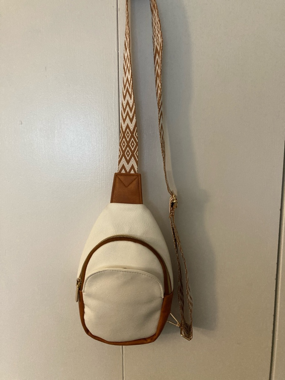 Cream and Tan Crossbody Sling Bag - Women 10in length faux leather